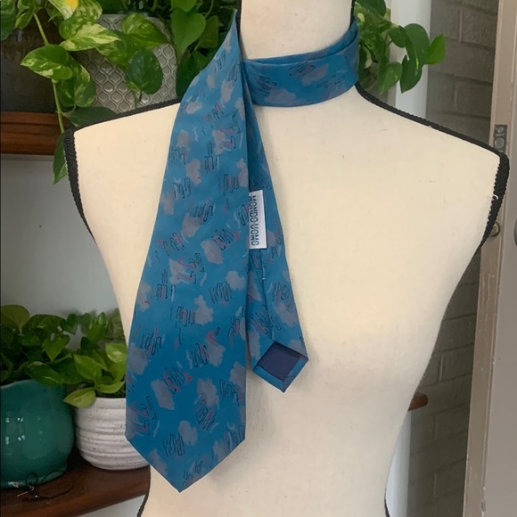 Mondo Uomo 100% silk Tie hand made in Italy 56" teal w/ abstract design EUC - Picture 1 of 9